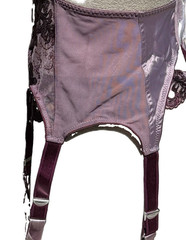 Vtg NOS Bra Bikini Panty Garter Belt Set Secrets in Lace Satin Plum Purple M 34C