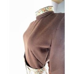 Vintage 60s/70s Homemade Brown Knit Belted Knee Length Dress Retro Trim Medium