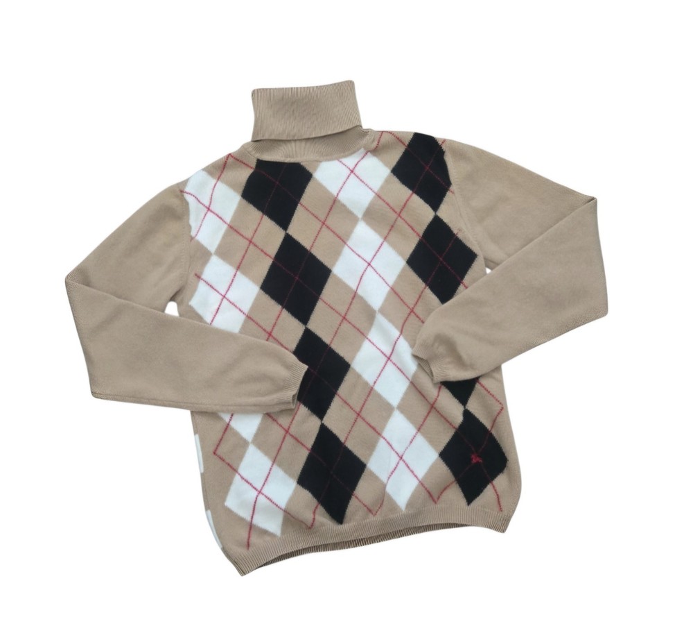 Vintage Burberry Women Cashmere Sweater In Classic Argyle Beige Turtleneck Small