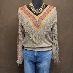 Vintage French Rags Hand Loomed Sweater Fringe Boho Western Style Rayon Size 2
