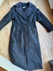 Vintage Leather Coat Real Leather Black Long 90s Teddy Collar Size 38-42