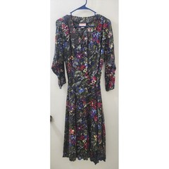 Vintage Oscar Too! Women Floral Rayon Button Front Midi Dress Belted Black Sz 10