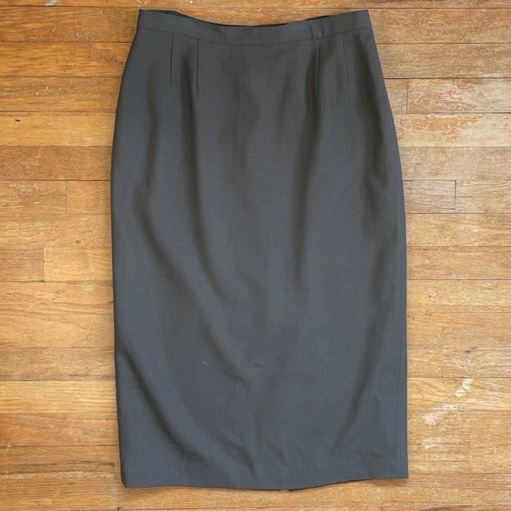 Vintage Crepe Wool Skirt Size Large 31″ Waist 1990s Taupe Gray Straight Cut Midi