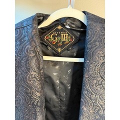 G-III Vintage Black Leather Trench Coat Paisley Tapestry Shawl Collar Medium