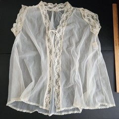 1960s Miss Elaine Peignoir Chiffon Short Robe With Lace Details And Tie Front