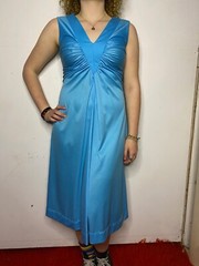 Vintage 1970s Escapade Turquoise Deep V Neck Sleeveless Cocktail Dress Sz M