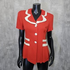 Vintage 80s 90s YES Womens M Red Crepe 3 Button Tailored Short Sleeve Blazer