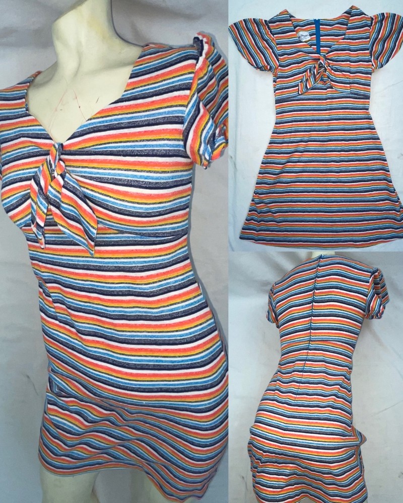 VTG 70S WOMENS S SCOOP NECK TIE BUST SUPER STRIPE SURF SURFER DISCO CUTE DRESS