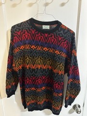 Benetton Vintage Women’s Sweater Multicolor Geometric Pattern Black Red Orange