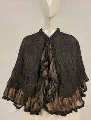 BEAUTIFUL VICTORIAN 1870’S HAND MADE TAPE LACE CAPE W SILK RUFFLES