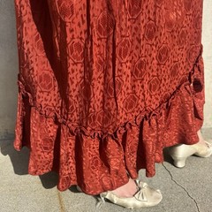 Vintage 1930s Red Deco Snakeskin Brocade Satin Rayon Dress Bonwit Teller Ruffle