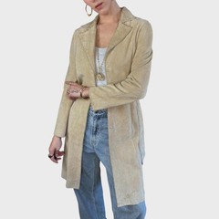 Vintage Y2K Cream Suede Leather Belted Trench Coat size US4/6; EU 36/38