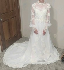 VTG 1970s Beaded Wedding Dress High Neck Illusion Lace Angel Sleeve ILGWU Train