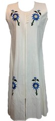 Ivory Muslin Maxi Dress Blue Embroidered Flowers S 100% Cotton Beach Coastal Y2K