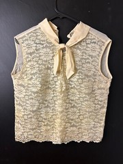 Vintage Synthetic Bügelfrei 1960s Corded Lace Blouse Pussy Bow Tie Ivory AU 8