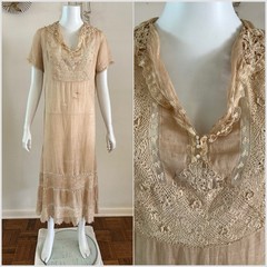 1920s Irish Crochet Filet Lace Tea Dress Ecru Linen Cotton Antique MOP Buttons
