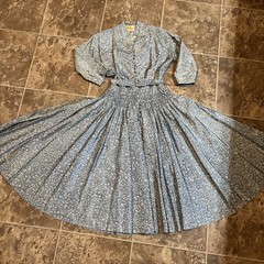 Vtg 50s Jonathan Logan Blue Floral Taffeta Dress with Smocking Button Down Belt