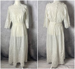 Antique 1900s Edwardian White Cotton Lawn Tea Dress Embroidered Lace Cutwork S/M