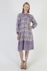 Vtg 70s Purple Floral India Dress Cotton Airy Chambeli Festival Bib Pakistan M
