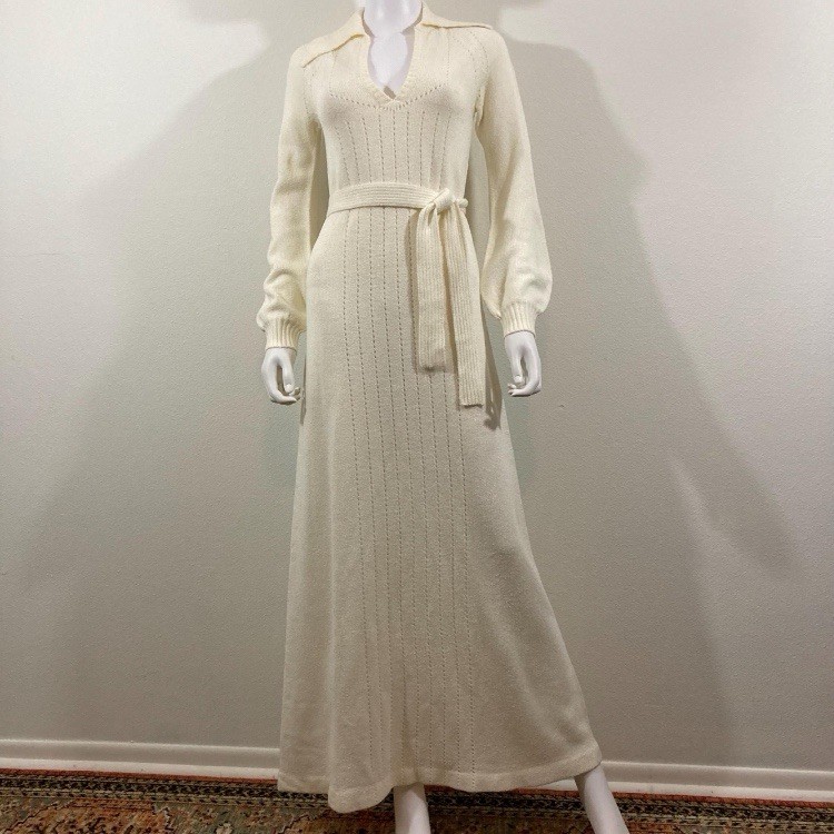 Wenjilli Vintage Knit Long Sleeve Cream Maxi Belted Sweater Dress