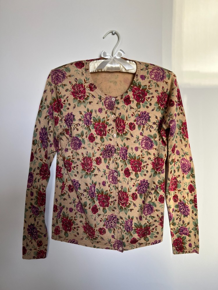 VTG 90s 100% SILK Belford for Saks Cardigan, Modern M, Red, Purple, Green Floral