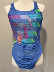 Vintage 90’S SPEEDO Womens 14 38 Blue Vaporwave Rainbow Racerback USA Antron