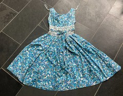 Vintage 1950s Blue White Floral Cotton Sleeveless Dress Jo White Wounded Bird