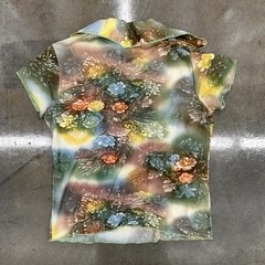 Vintage 1970s Floral Acetate Nylon Pullover Blouse Short Sleeve Medium