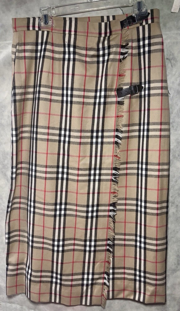 Vintage Burberrys Made In Scotland Nova Check Wool Wrap Kilt Skirt Buckles 14