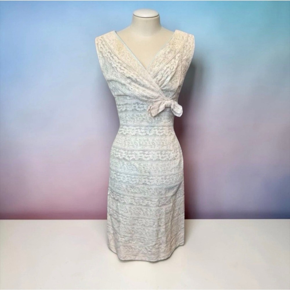 1950s Phyllis De Trans for Georgette Cream Lace Wiggle Dress S XS Bow Waist
