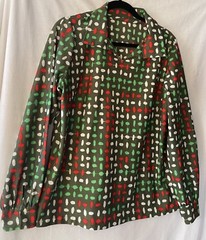 Vintage 60/70’s Tunic Blouse Women’s, Olive Green & Red White Geo Print, L, EUC