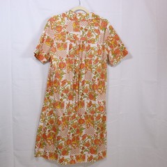 K-Mart Housecoat S Orange Floral Butterfly Vintage Snap Front Robe Womens 70s