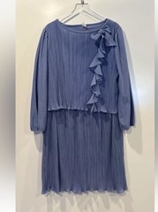 VTG 70s Blue Accordion Pleated Dress Bow Neck Tie Womens Size 20.5