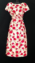 Vintage 1950s white red floral dress, silk roses short sleeve pin-up shift S