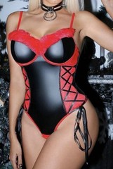 Sexy PU Leather,Faux Fur, & Lace UW BODYSUIT Teddy Lingerie Lace Up Sides XL NEW