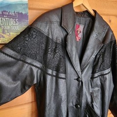 G III 💜 Vintage Black Leather Long Trench Coat Jacquard Damask Duster Western M