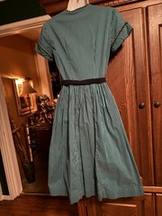 VINTAGE 50,s, 60,s MODE O’DAY SHIRT DRESS IN TURQUOISE W/ BLACK STRIPES,TRIM.