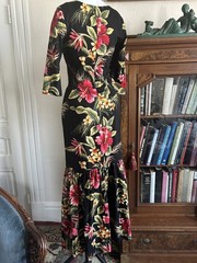 Vintage 1950s Vamp Black Hawaiian Mermaid Fishtail Maxi Dress Floral Barkcloth W