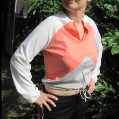 White & Peach Long Sleeve V Neck Chevron Drawstring Waist Top Shirt Blouse Retro