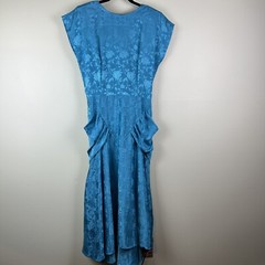 VTG 80s Nuance Sz Medium Satin Teal Blue Draped Pockets Formal Blouson Dress