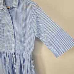 Vintage Serbin Muriel Ryan Gingham Shirt Dress Blue White Plaid Pleated Pocket