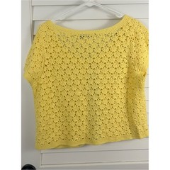 Vintage Yellow Crochet Cardigan Short Sleeve Sequin Pockets Large