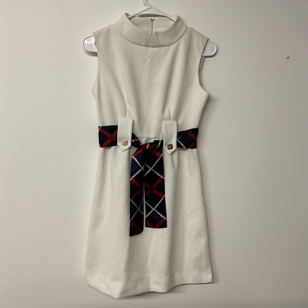 Vintage Women’s White Sleeveless Dress Large Belt Loops With Tie Juniors Size 7