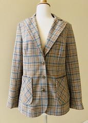 VTG Alex Colman Brown Blue Plaid Houndstooth Poly Wool Blazer Preppy 70s S/M