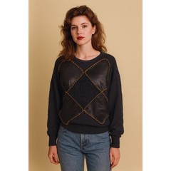 Andriano Black Sweater Patchwork Argyle Faux Leather Women’s Small Vegan Vintage