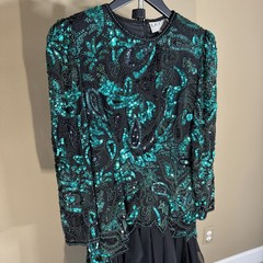 VTG Oleg Cassini Black tie Women’s Dress Black Teal Green Beaded Sequin Dress 6