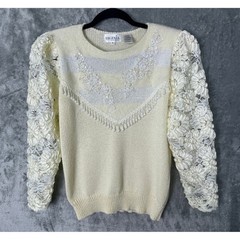Eugenia Sweater Womens Medium Cream Good Lace Puff Sleeve Beaded Wool Angora 80s