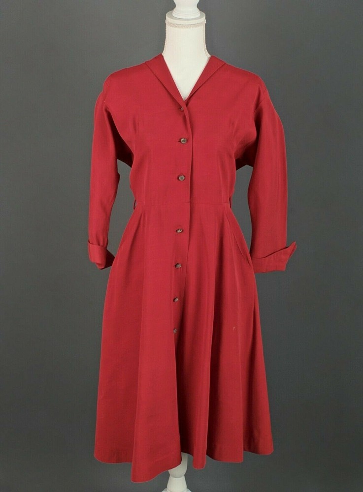 VTG Women’s 50s Red Orange Grosgrain Shirtwaist Dress Sz M 1950s