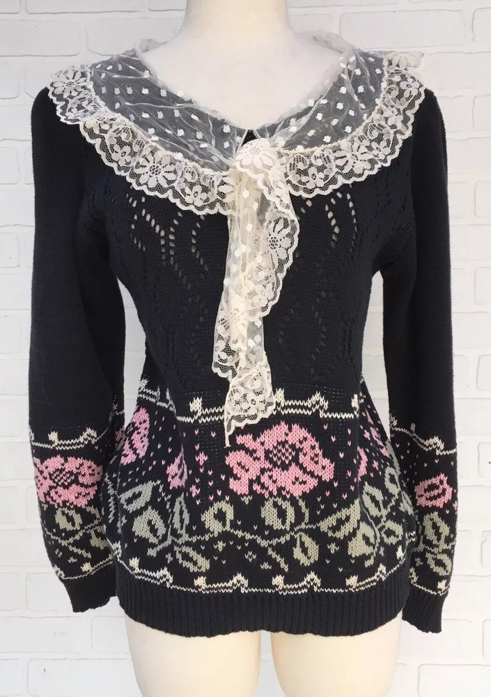 Vintage 1980’s Woven Roses Sweater Slate Gray Lace Scarf Collar Sweater Loft USA
