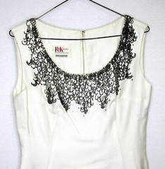 Vintage 60s R&K Originals Cream Shantung Gray Beaded Sheath Dress Holiday 34″